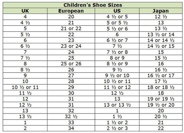 chinese shoe size to us child