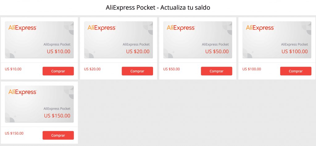 Tarjetas de regalo AliExpress Pocket