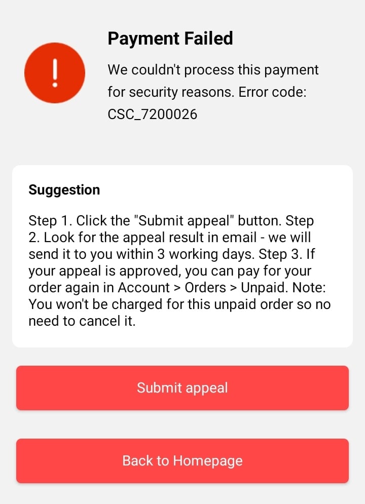 CSC error codes when paying on AliExpress and how to solve them