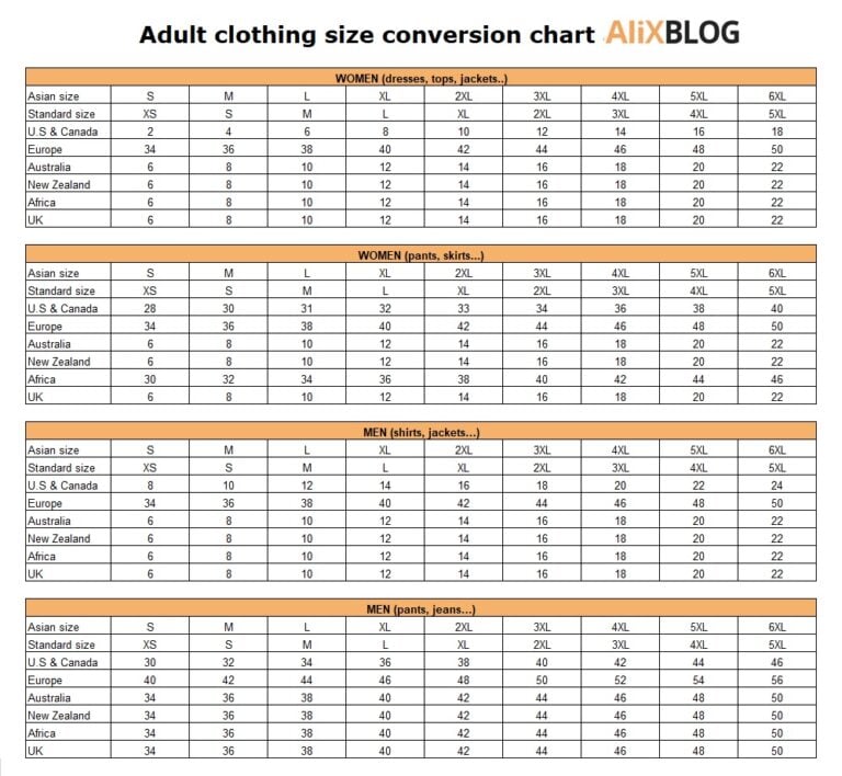 Aliexpress Clothing Size Conversion Chart